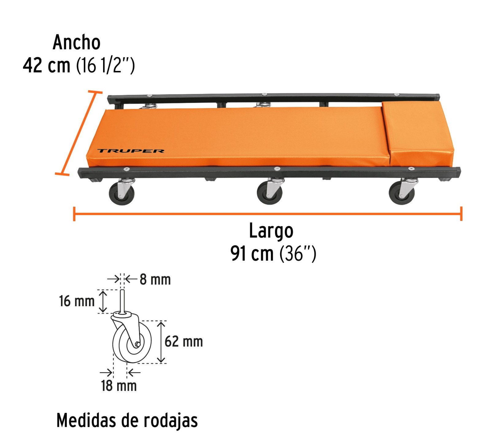 Cama de acero 36" para mecánico, TRUPER