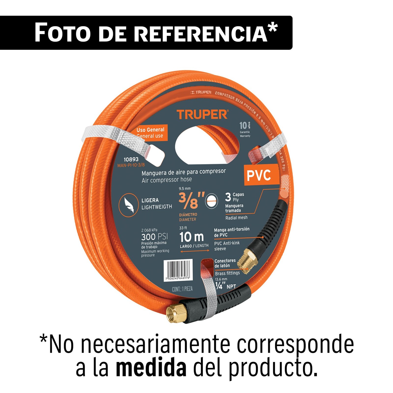 Manguera para compresor, de PVC, 15m x 3/8", TRUPER