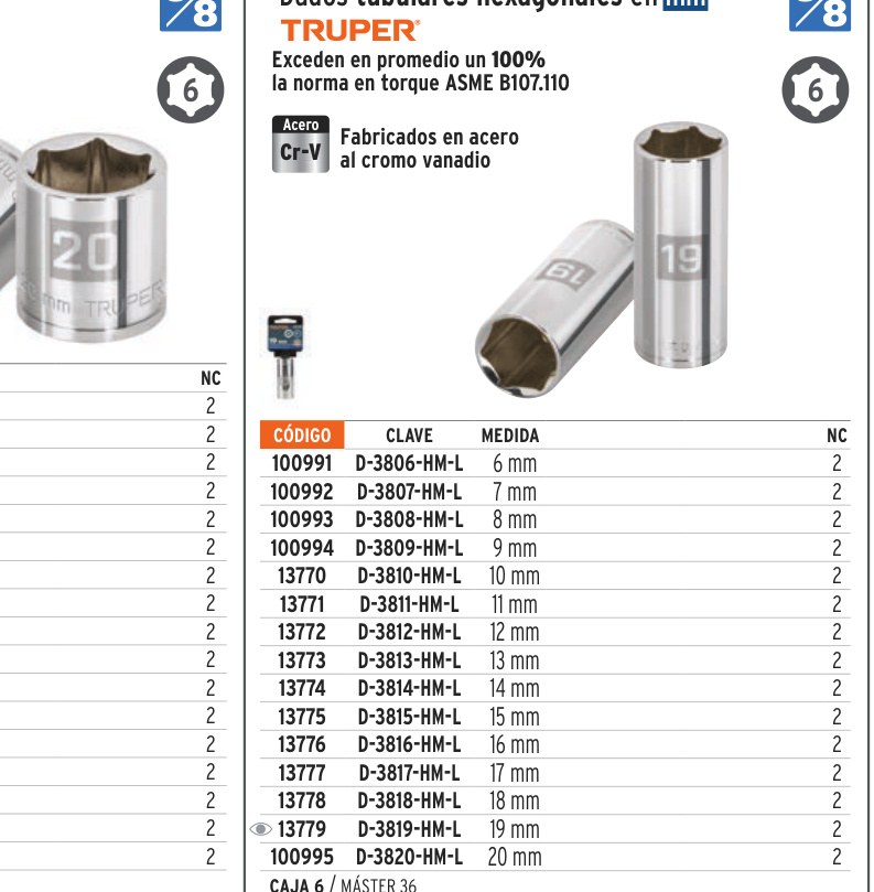Dado largo de 14 mm, 6 puntas, cuadro 3/8", TRUPER