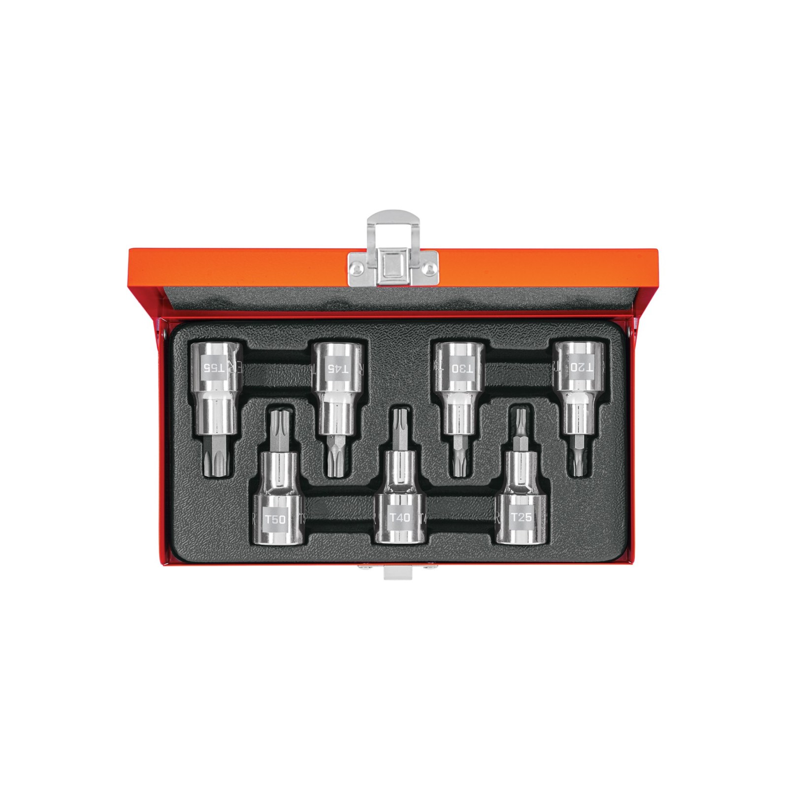Juego de 7 dados cuadro 1/2" punta torx, estuche metálico