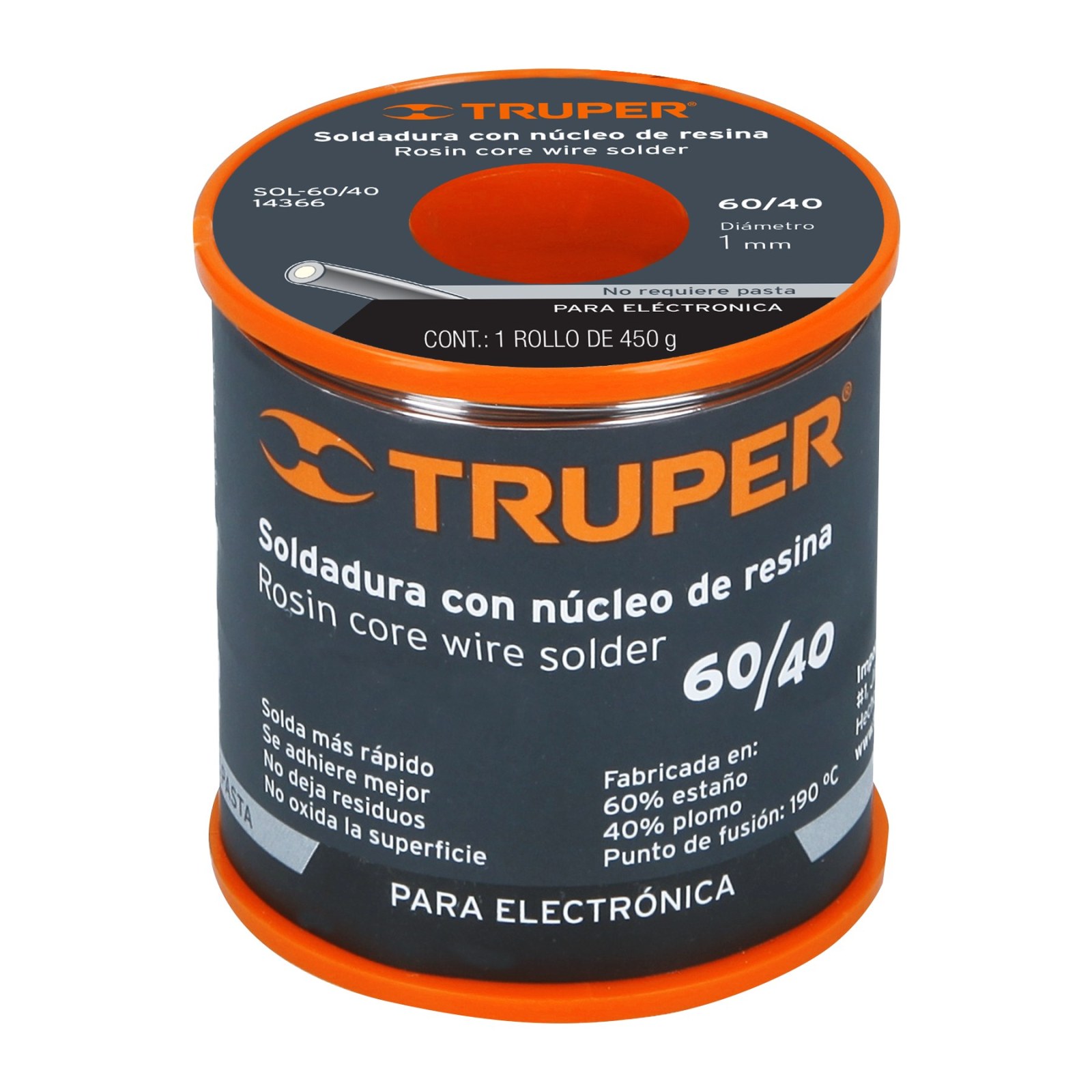 Soldadura 60/40 para electrónica, 450 g, TRUPER SOLDAFÁCIL