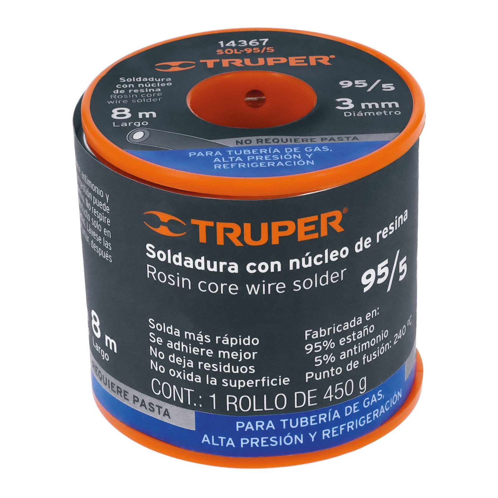Soldadura 95/5 para tubería de gas, 450 g, TRUPER SOLDAFÁCIL