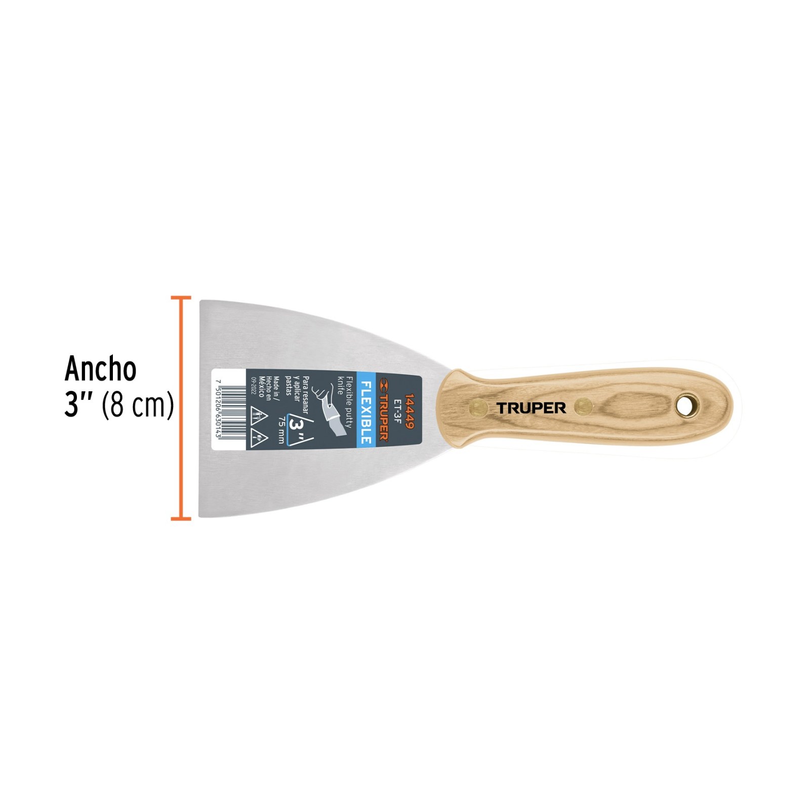 Espátula flexible 3" con mango de madera, TRUPER