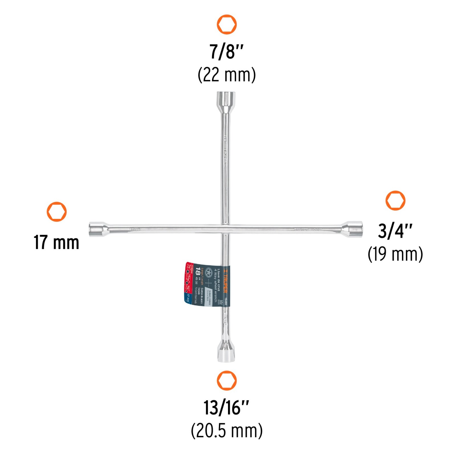 Llave de cruz 18" pulida y cromada, TRUPER