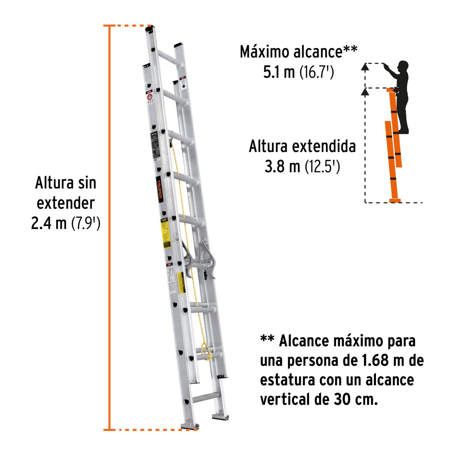 Escalera de extensión, tipo III, 16 peldaños, TRUPER