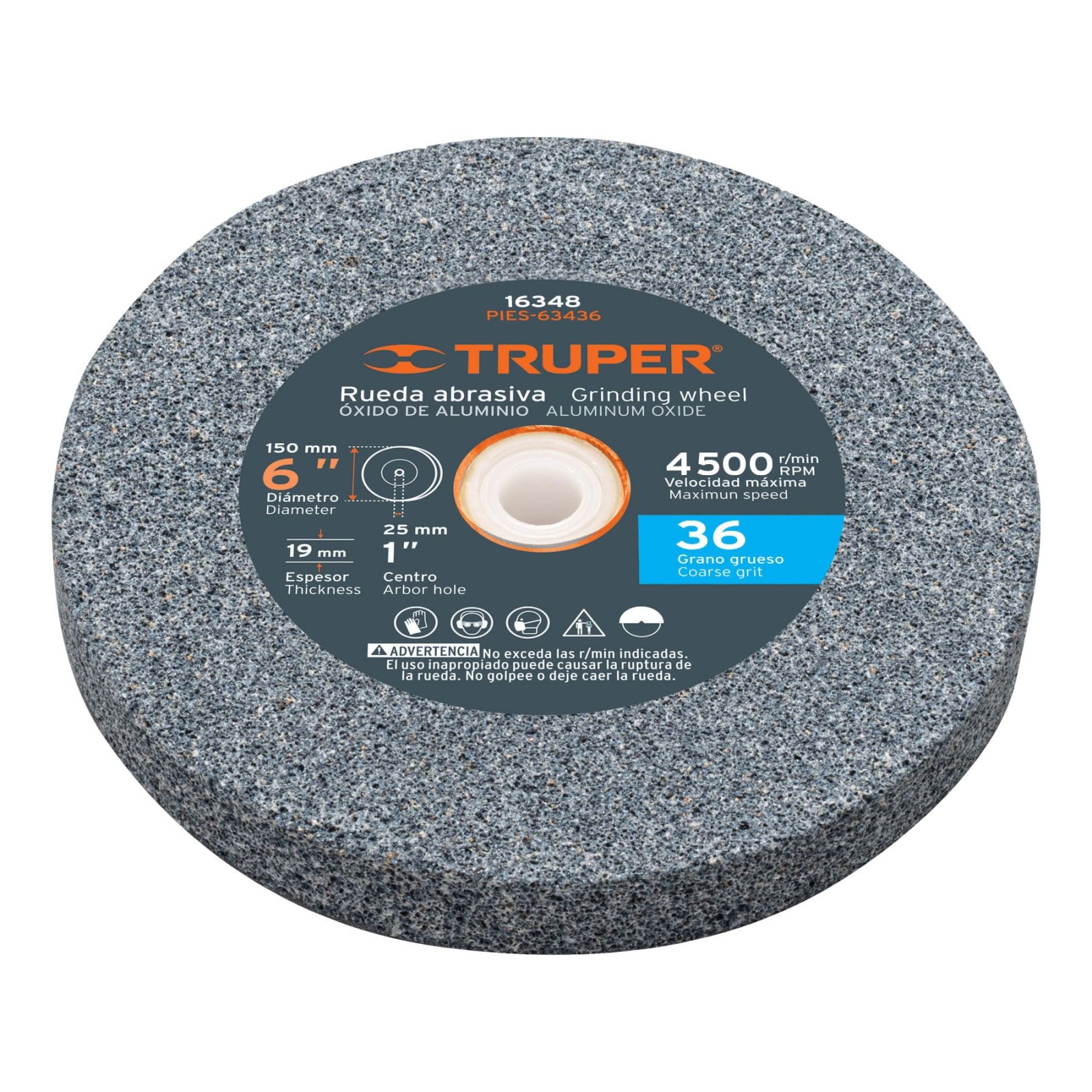 Rueda abrasiva p/esmeril 6"x19mm, óxido aluminio, grano 36