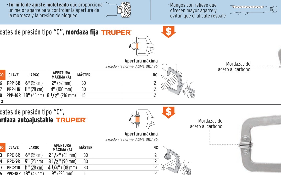 Pinza de presión 6" tipo "C" con mordaza fija, TRUPER