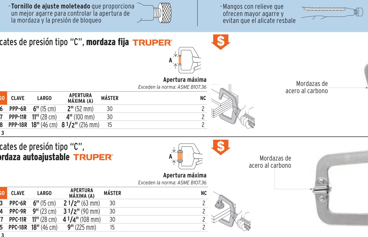Pinza de presión 11" tipo "C" con mordaza fija, TRUPER
