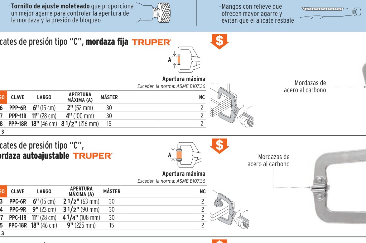 Pinza de presión 18" tipo "C" con mordaza fija, TRUPER
