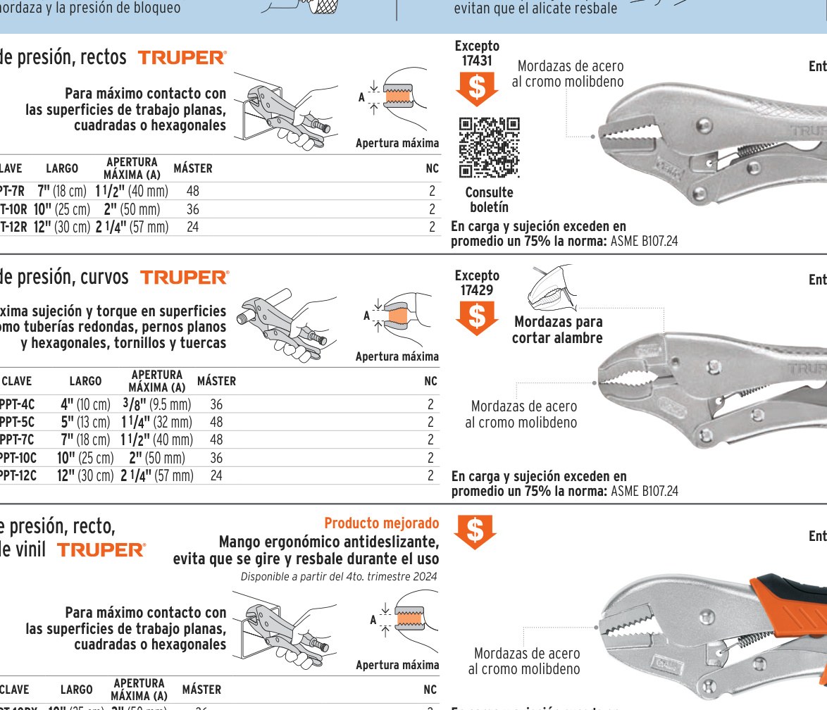 Pinza de presión 7" mordaza curva, TRUPER