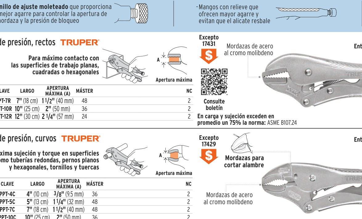 Pinza de presión 7" mordaza recta, TRUPER