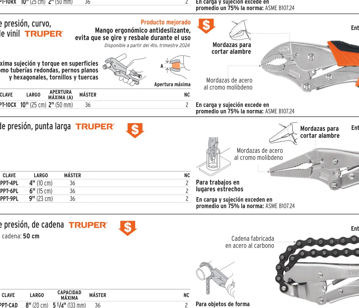Pinza de presión 6", punta larga, TRUPER