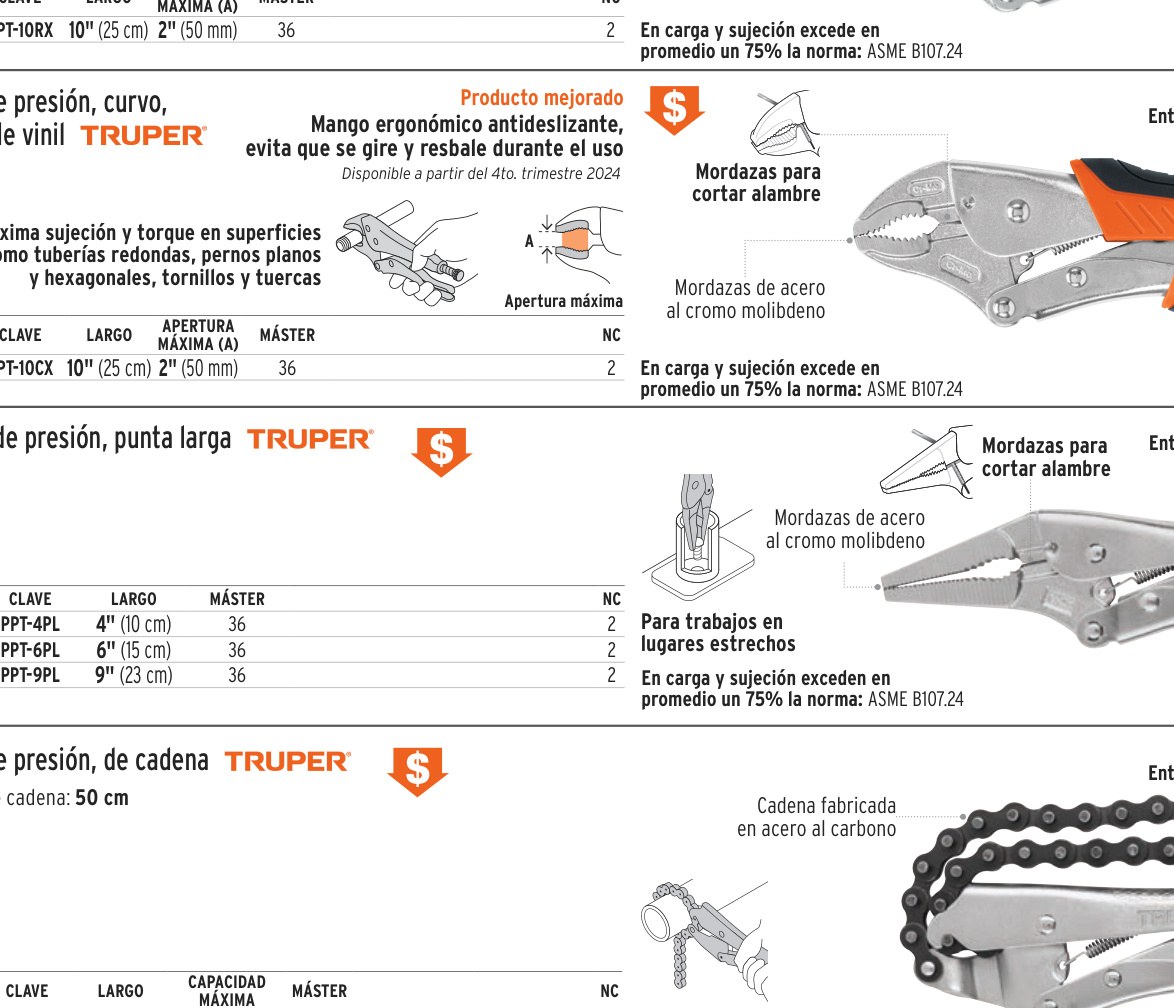 Pinza de presión 4", punta larga, TRUPER