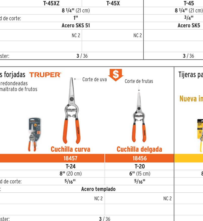 Tijera forjada para poda 8", curva, corte de uva, TRUPER