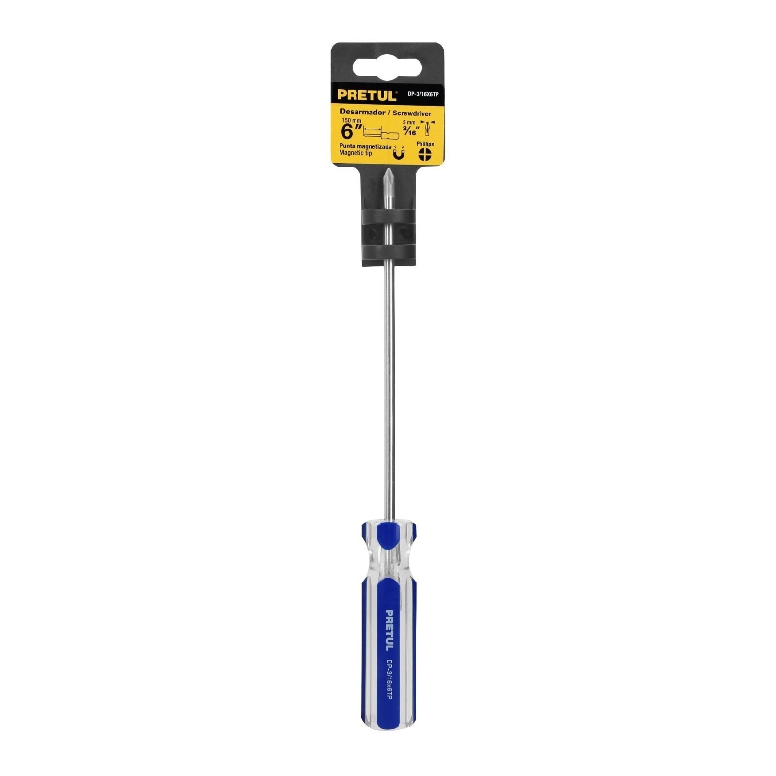 Desarmador de cruz 3/16 x 6" mango de PVC, PRETUL
