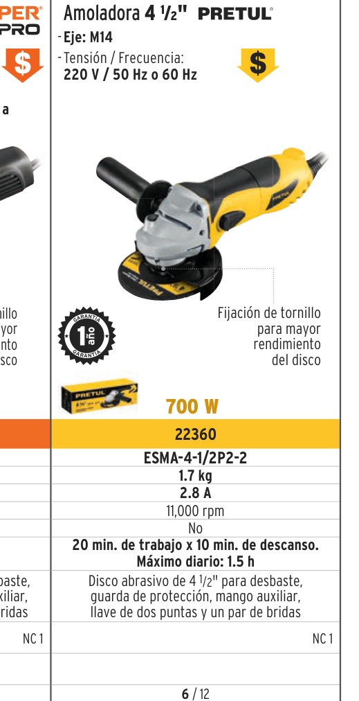 Esmeriladora angular 4-1/2", 220V, 700W, PRETUL