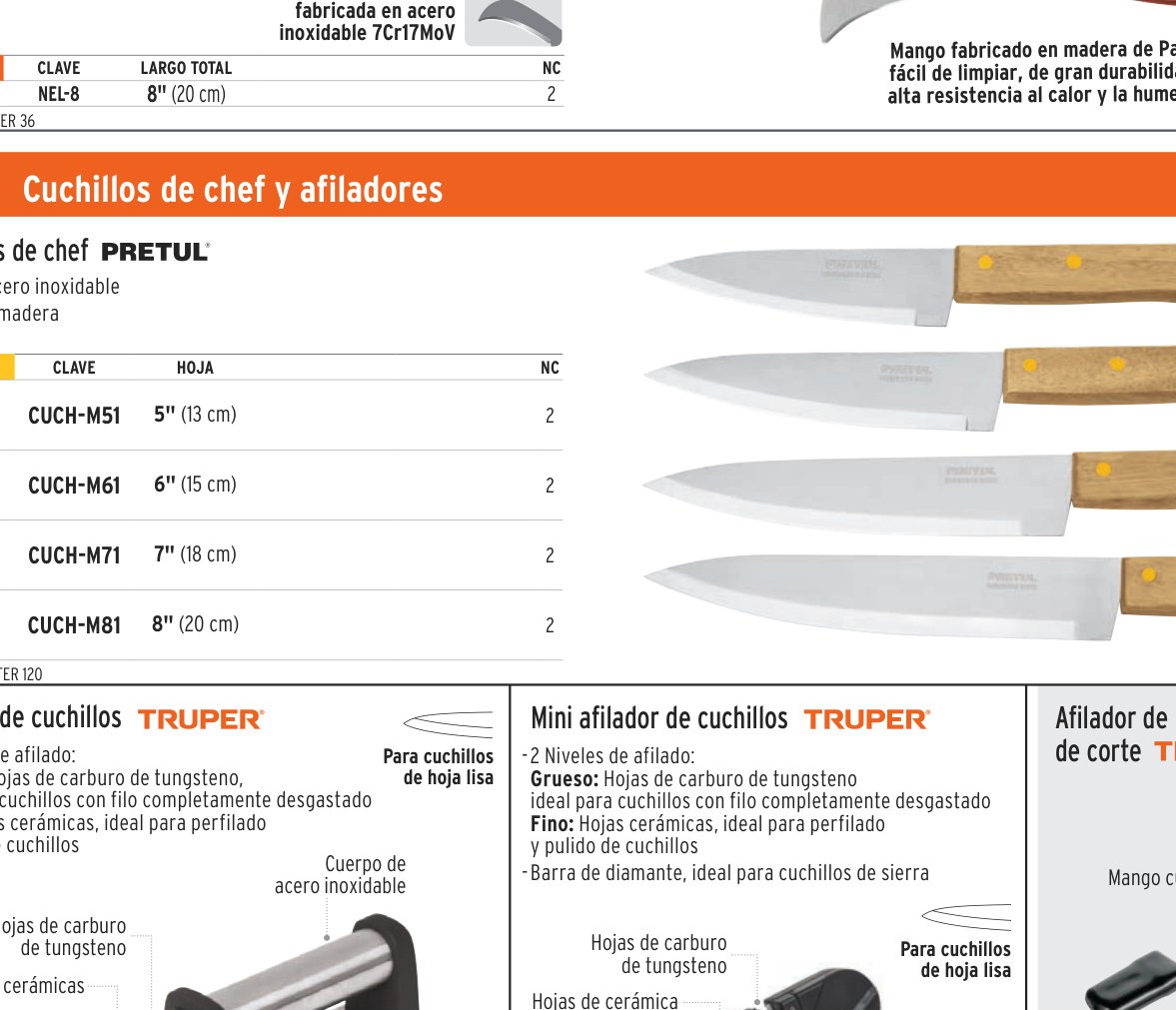 Cuchillo de chef 8" mango de madera, PRETUL