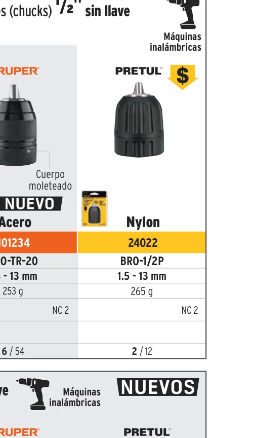 Broquero 1/2" sin llave, para máquinas inalámbricas, PRETUL