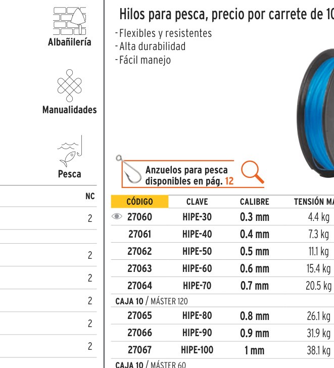 Carrete con 100 m de hilo para pesca azul calibre 0.80 mm